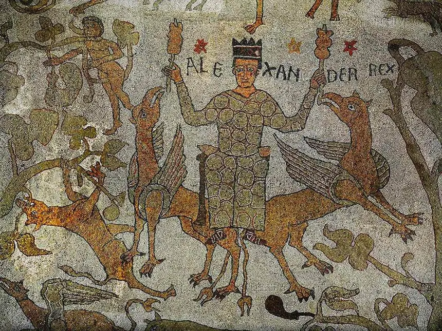 «Alexander Rex»: الإسكندر الأكبر مخطوفاً إلى السماء بواسطة الغريفين — فسيفساء Duomo di Otranto (Pantaleone، 1163)